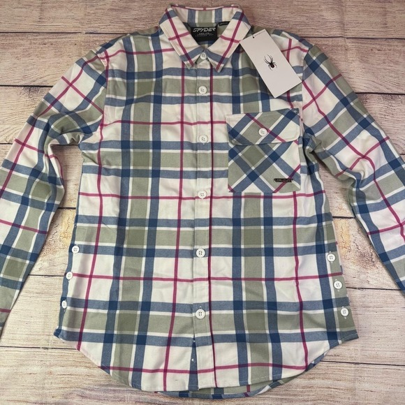 Spyder Flannel Shirt Size XSmall Long Sleeve Button-Up Plaid Green Blue‎ Pink - Picture 1 of 14